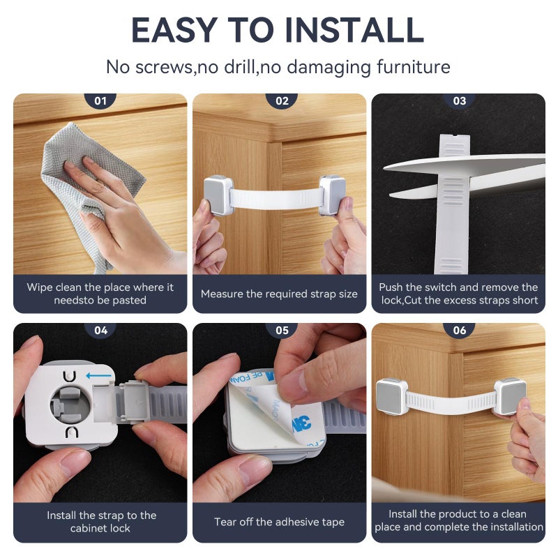 PAULTEMP 2 Pack Child Safety Cabinet Locks for Baby Proofing, Length Adjustable Latch Straps Dual Button Design for Drawers Fridge Refrigerator Doors Toilet Seat Oven - Image 5