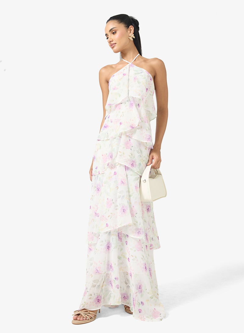 فستان بحمالات عنق مزين بالزهور وطبقات