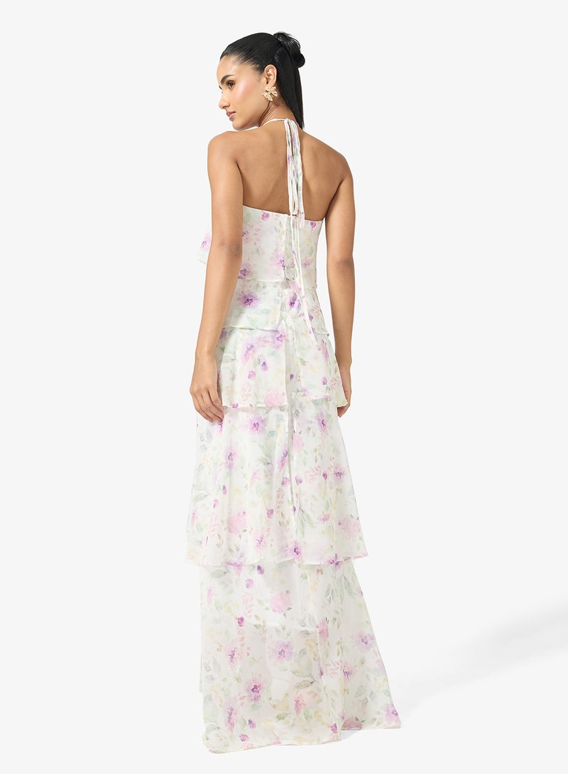 فستان بحمالات عنق مزين بالزهور وطبقات