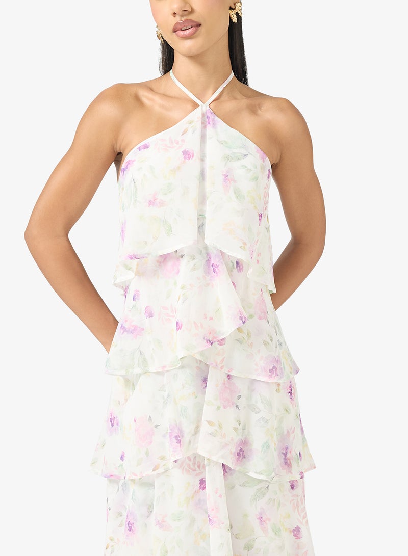 فستان بحمالات عنق مزين بالزهور وطبقات