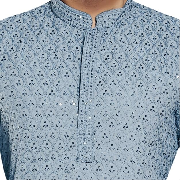 DIVISIVE Men's Sequince Embroidered Cotton Blend Slim Fit Kurta Pyjama Set (DKRT28_S_Grey) - Image 5