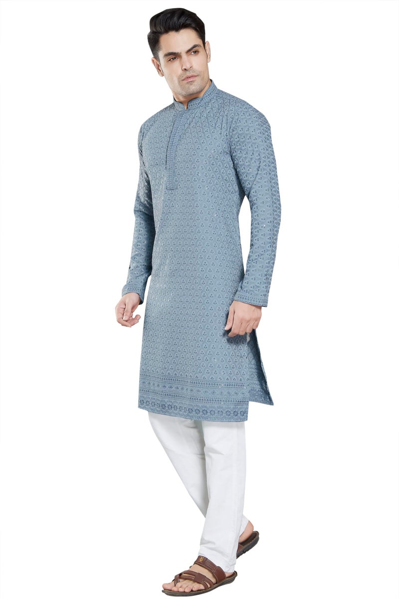 DIVISIVE Men's Sequince Embroidered Cotton Blend Slim Fit Kurta Pyjama Set (DKRT28_S_Grey) - Image 3