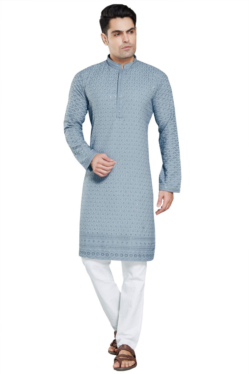 DIVISIVE Men's Sequince Embroidered Cotton Blend Slim Fit Kurta Pyjama Set (DKRT28_S_Grey) - Image 1