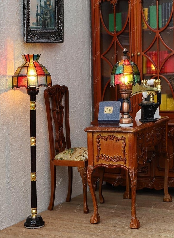 iLAND 1/12 Scale Accessories of Dollhouse Lights, Classic Miniature Lamp w/Plug for Dollhouse Decoration, Mosaic Lattice Floor Lamp w/Plug - Image 4