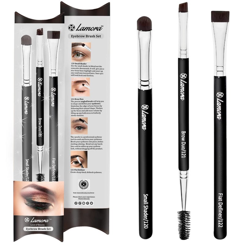 Lamora Eyebrow Brush - Duo Eye Brow Spoolie - Angled Eyeshadow Eyeliner - Precision Flat Definer - Small Shader - 3 Piece Makeup Brush Set - Cruelty Free Synthetic Bristles - Image 1