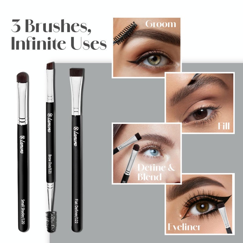 Lamora Eyebrow Brush - Duo Eye Brow Spoolie - Angled Eyeshadow Eyeliner - Precision Flat Definer - Small Shader - 3 Piece Makeup Brush Set - Cruelty Free Synthetic Bristles - Image 4