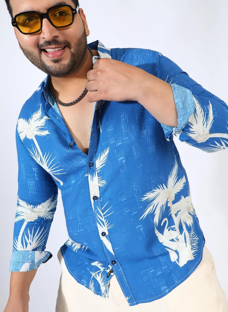Instafab Plus Instafab Plus Men's EcoLiva Cobalt Blue Palm Tree Shirt For Casual Wear | Spread Collar | Long Cuffed Sleeves | Button Closure | Plus-Size Shirt Crafted With Comfort Fit For Everyday Wear