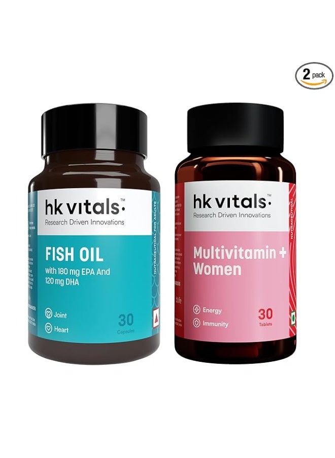 hk vitals Multivitamin Plus Women & Fish Oil Capsules 1000mg Omega 3 with 180mg EPA & 120mg DHA (30 Tablets Each) | Combo Pack - Image 1