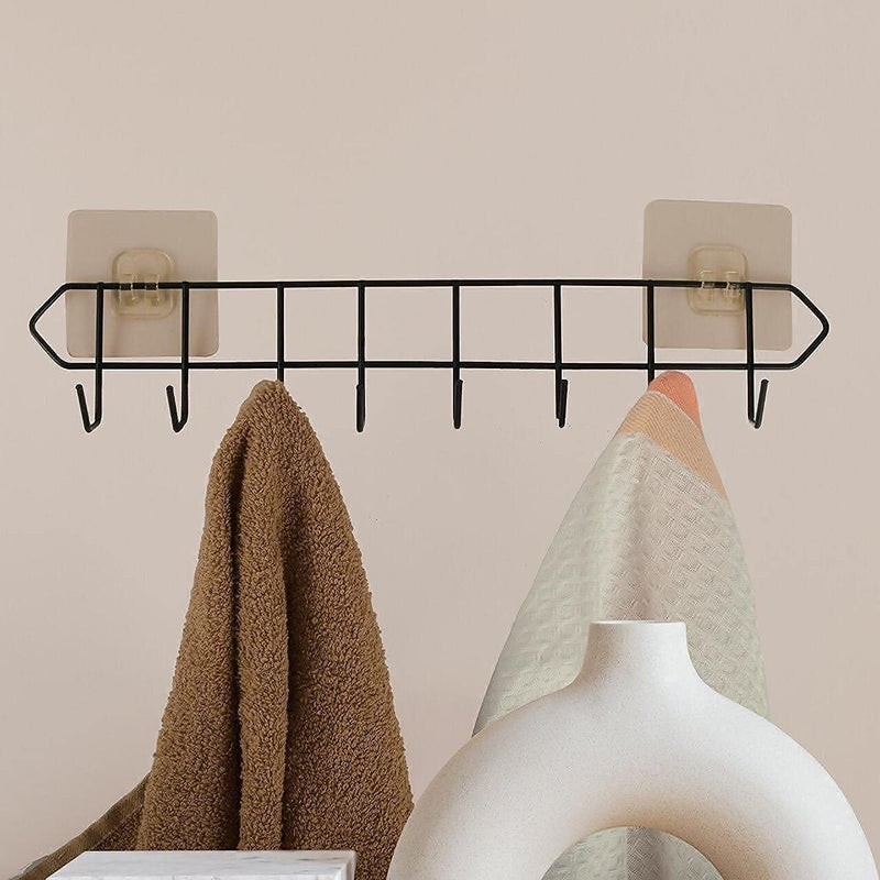 QUPET Metal Bathroom Wall 8 Hooks Magic Sticker-Self Adhesive Rail Hook Bar for Kitchen, Utensil Rack Kitchen Hanger Load Capacity Up to 5 Kg Hook Hanging for Cloths(8 Hooks-Black) - Image 1
