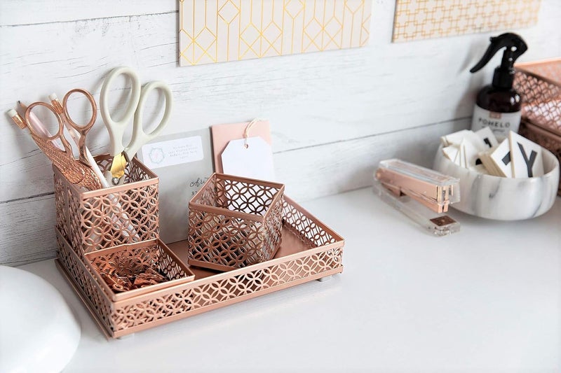 Blu Monaco Office Supplies Rose Gold Desk Accessories for Women-6 Piece Interlocking Stylish Desk Organizer Set- Pen Cup, 3 Accessory Trays, 2 Letter Trays-Rose Gold Paper Tray Holder - Image 5