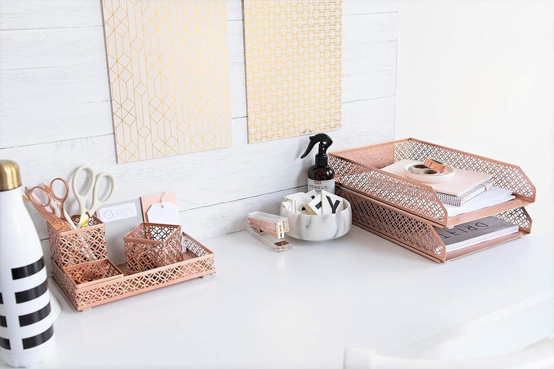 Blu Monaco Office Supplies Rose Gold Desk Accessories for Women-6 Piece Interlocking Stylish Desk Organizer Set- Pen Cup, 3 Accessory Trays, 2 Letter Trays-Rose Gold Paper Tray Holder - Image 4