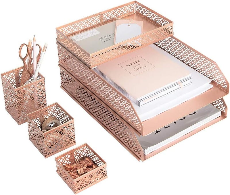 Blu Monaco Office Supplies Rose Gold Desk Accessories for Women-6 Piece Interlocking Stylish Desk Organizer Set- Pen Cup, 3 Accessory Trays, 2 Letter Trays-Rose Gold Paper Tray Holder - Image 1
