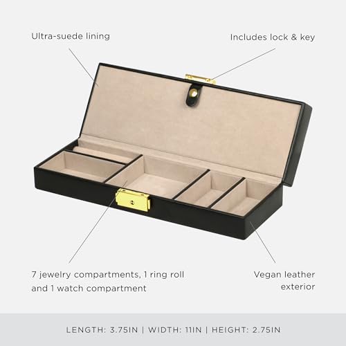 Wolf Designs WOLF Heritage Safe Deposit, Black - Seven Jewelry Compartments, One Ring Roll & One Watch Compartment - Includes Lock & Key - Image 4