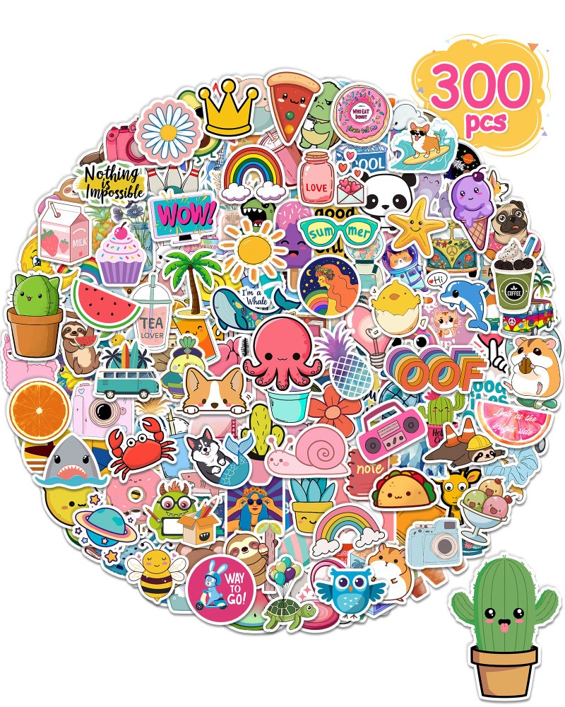 Greingways 300 Pcs Stickers for Kids, Cute Water Bottle Vinyl Waterproof Laptop Stickers for Students Gifts School Supplies Classroom Teacher Prizes Stocking Stuffers Sticker Pack for Kids Girls Teens - Image 1