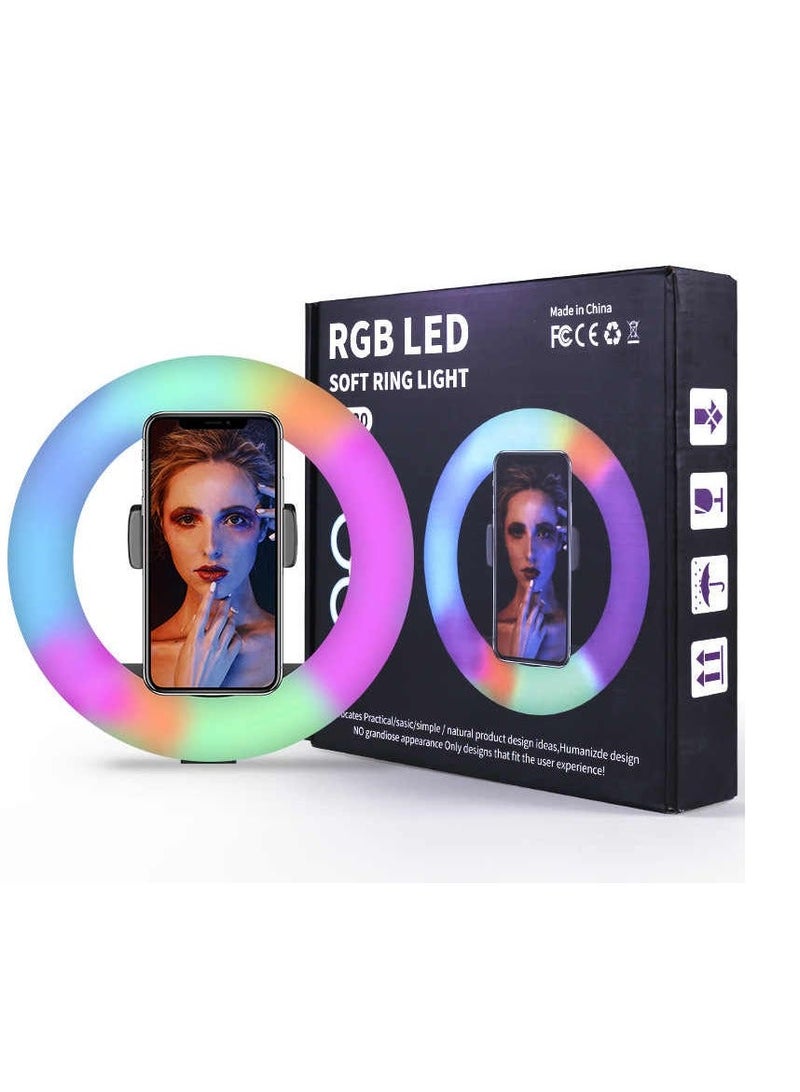 هوميفا إضاءة حلقية ناعمة بتقنية LED RGB من MJ33 مع حامل للهاتف، ومقبس USB، وزاوية قابلة للتعديل، وحامل، مثالية للتصوير الفوتوغرافي والفيديو والبث المباشر. - Image 1
