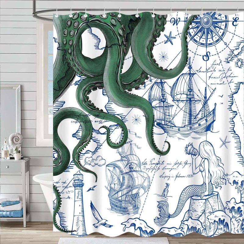 Fungarth Green Nautical Octopus Shower Curtain Navy Blue Mermaid Funny Ocean Kraken Shower Curtains for Bathroom Anchor Coastal Map Waterproof Fabric Bath Curtain Decor with Hooks (Green, 72â€ x 72â€) - Image 5