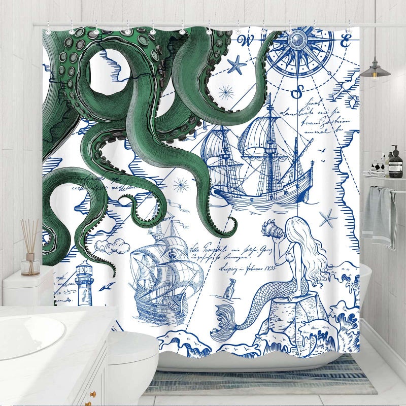 Fungarth Green Nautical Octopus Shower Curtain Navy Blue Mermaid Funny Ocean Kraken Shower Curtains for Bathroom Anchor Coastal Map Waterproof Fabric Bath Curtain Decor with Hooks (Green, 72â€ x 72â€) - Image 4