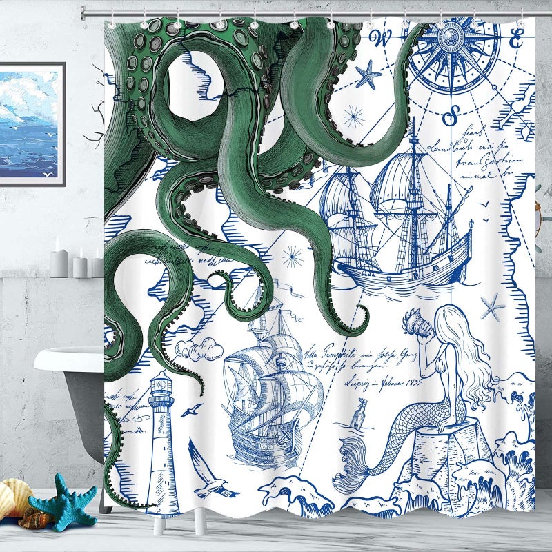 Fungarth Green Nautical Octopus Shower Curtain Navy Blue Mermaid Funny Ocean Kraken Shower Curtains for Bathroom Anchor Coastal Map Waterproof Fabric Bath Curtain Decor with Hooks (Green, 72â€ x 72â€) - Image 3