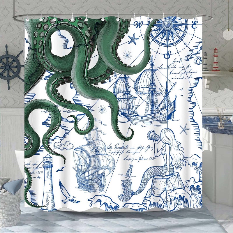 Fungarth Green Nautical Octopus Shower Curtain Navy Blue Mermaid Funny Ocean Kraken Shower Curtains for Bathroom Anchor Coastal Map Waterproof Fabric Bath Curtain Decor with Hooks (Green, 72â€ x 72â€) - Image 2