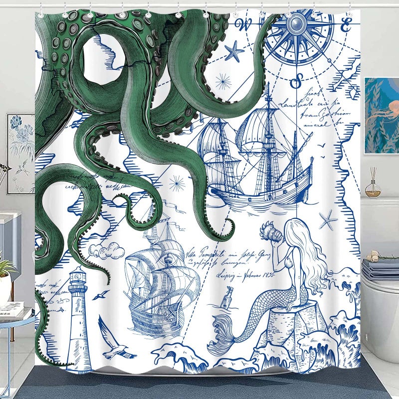 Fungarth Green Nautical Octopus Shower Curtain Navy Blue Mermaid Funny Ocean Kraken Shower Curtains for Bathroom Anchor Coastal Map Waterproof Fabric Bath Curtain Decor with Hooks (Green, 72â€ x 72â€) - Image 1