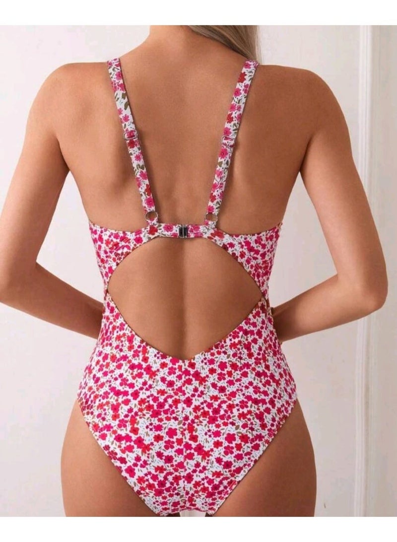 SHEIN 1pc Metal Decor Adjustable Strap Hollow Ditsy Floral One-Piece Swimsuit For Summer Beach Vacation - Image 2