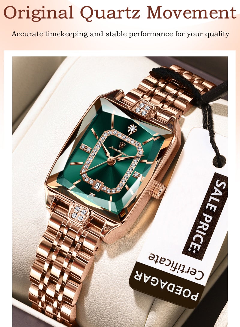 پوداجار ساعة نسائية فاخرة مربعة مرصعة بالاحجار الكريمة: زمردية اللون، كوارتز أصلي، فولاذ ومقاومة للماء 30م - أناقة استثنائية - Image 2