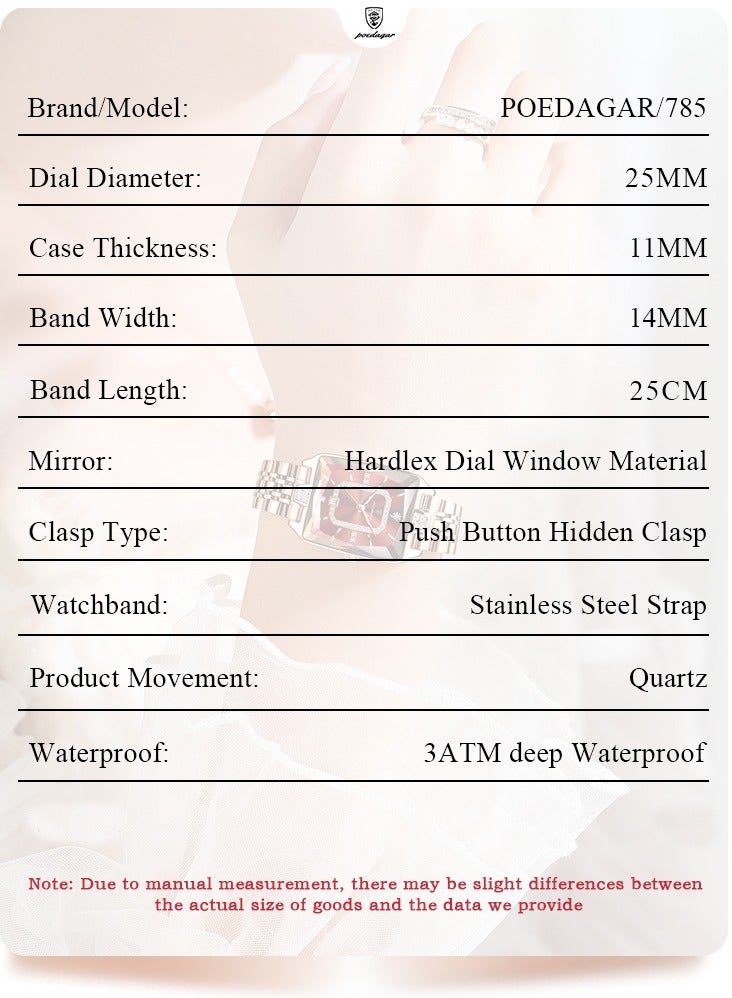 پوداجار ساعة نسائية فاخرة مربعة مرصعة بالاحجار الكريمة: زمردية اللون، كوارتز أصلي، فولاذ ومقاومة للماء 30م - أناقة استثنائية - Image 3