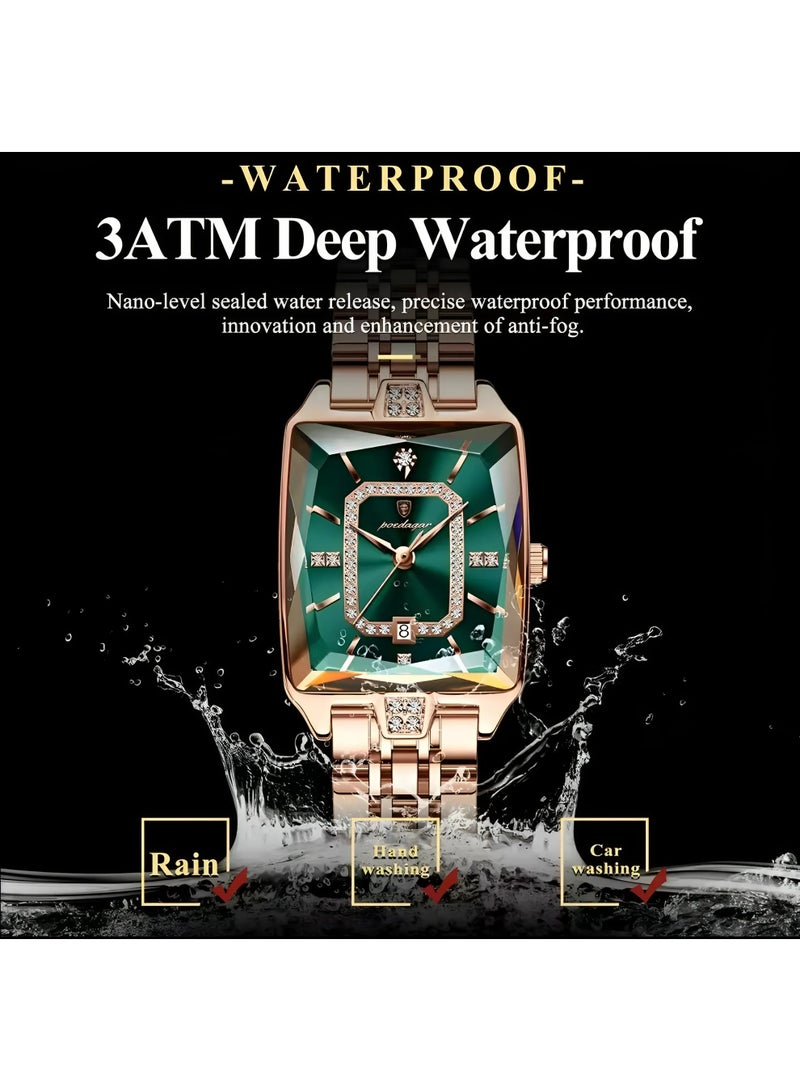 پوداجار ساعة نسائية فاخرة مربعة مرصعة بالاحجار الكريمة: زمردية اللون، كوارتز أصلي، فولاذ ومقاومة للماء 30م - أناقة استثنائية - Image 4