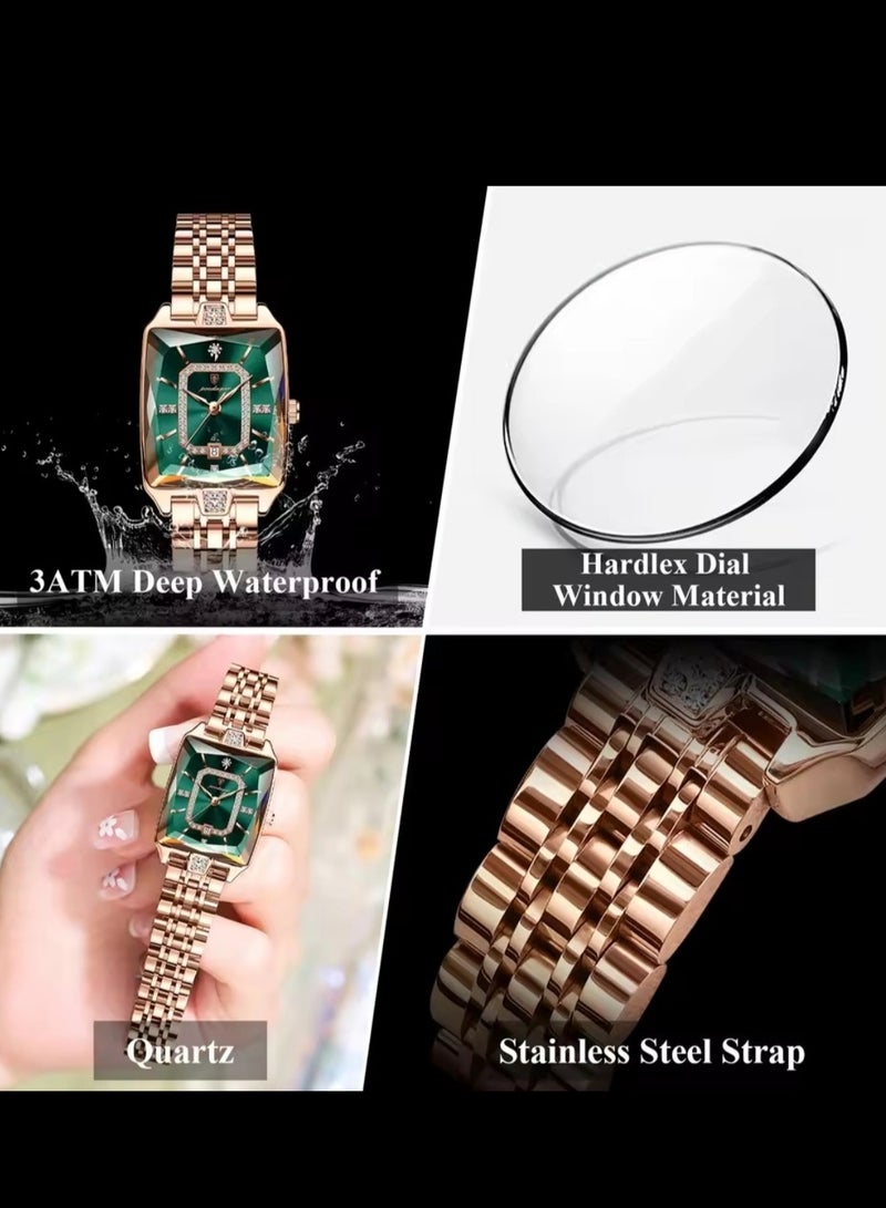 پوداجار ساعة نسائية فاخرة مربعة مرصعة بالاحجار الكريمة: زمردية اللون، كوارتز أصلي، فولاذ ومقاومة للماء 30م - أناقة استثنائية - Image 5
