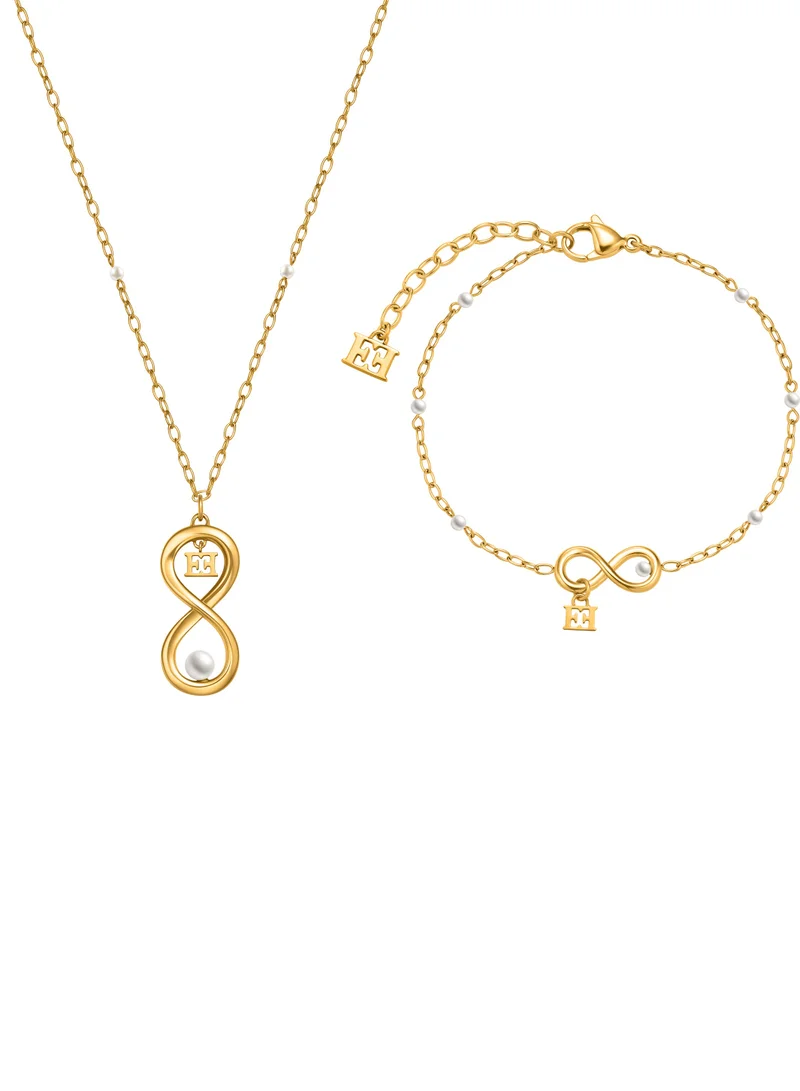 ESCADA Emma Necklace for Women Infinite Symbol Pendant, Luminous Pearl, Miniature Logo, Modern Elegance
