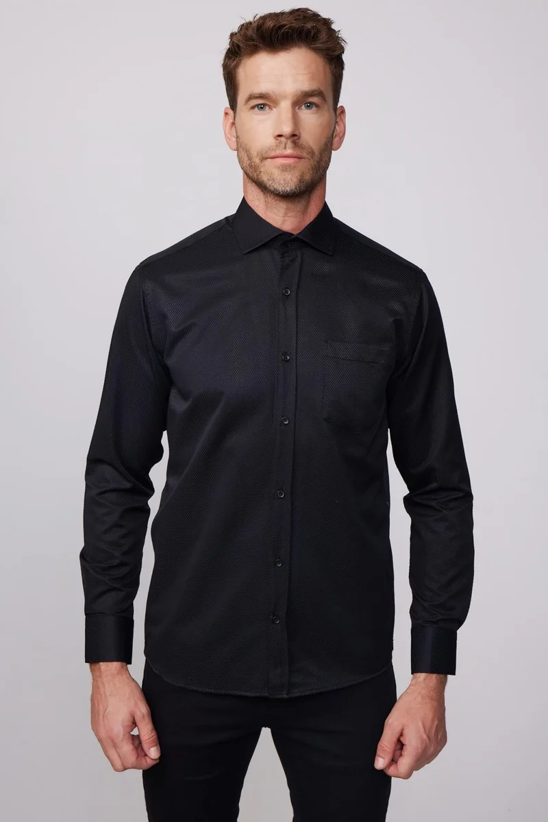 تودورس Classic Fit Cotton Easy-Iron Dobby Men's Black Shirt