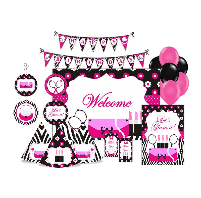 PrettyurParty Pretty UR Party Glam Diva Party decorations Kit - 80 pcs includes Banners, balloons, thank you,centerpiece, danglers, Caps, Fashion Party Supplies, Diva Birthday Decor, DIY Décor Pack for Girls, Teens - Image 1