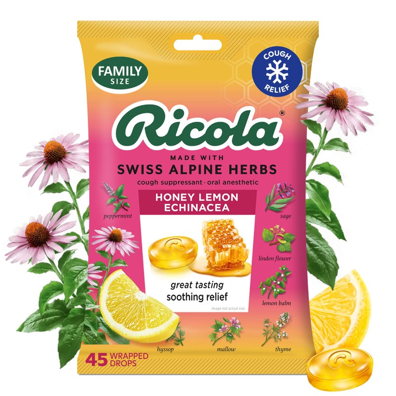 Ricola Honey Lemon Echinacea Cough Drops with Menthol - Minor Cough and Sore Throat Relief - 45 Count - Herbal Throat Lozenges - Image 1