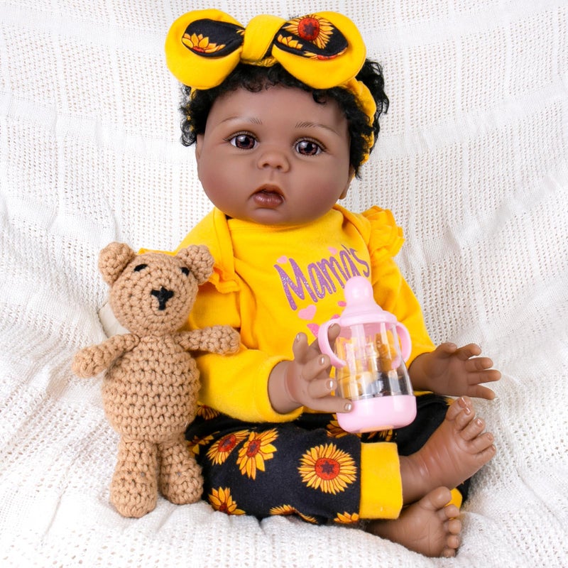 Aori Reborn Baby Dolls Black  22 Inches Realistic Baby Doll Black American Lifesize Reborn Girls with Hair Gift Set for Kids 3 Parentstobe Grandparents - Image 2