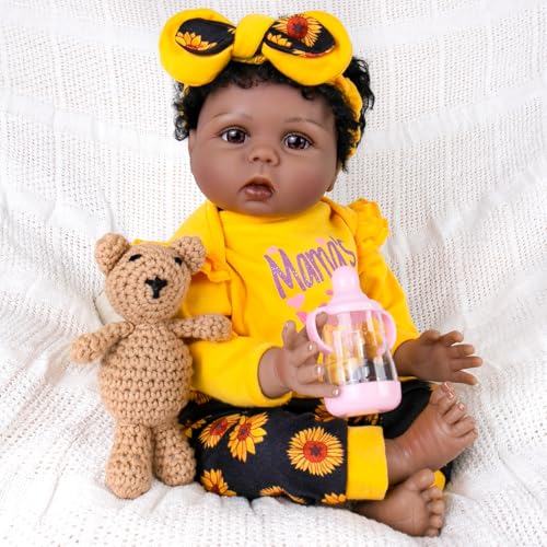 Aori Reborn Baby Dolls Black  22 Inches Realistic Baby Doll Black American Lifesize Reborn Girls with Hair Gift Set for Kids 3 Parentstobe Grandparents - Image 1