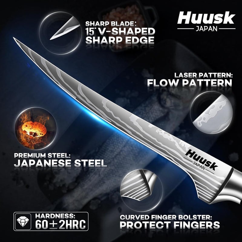 Huusk Filet Knife for Fish - 7 Inch Fish Fillet Knife with Wood Handle, Flexible Boning Knives for Meat Cutting, Professional Japanese Fishing Knives for Meat Poultry Cutting, Christmas Gifts for Men - Image 2