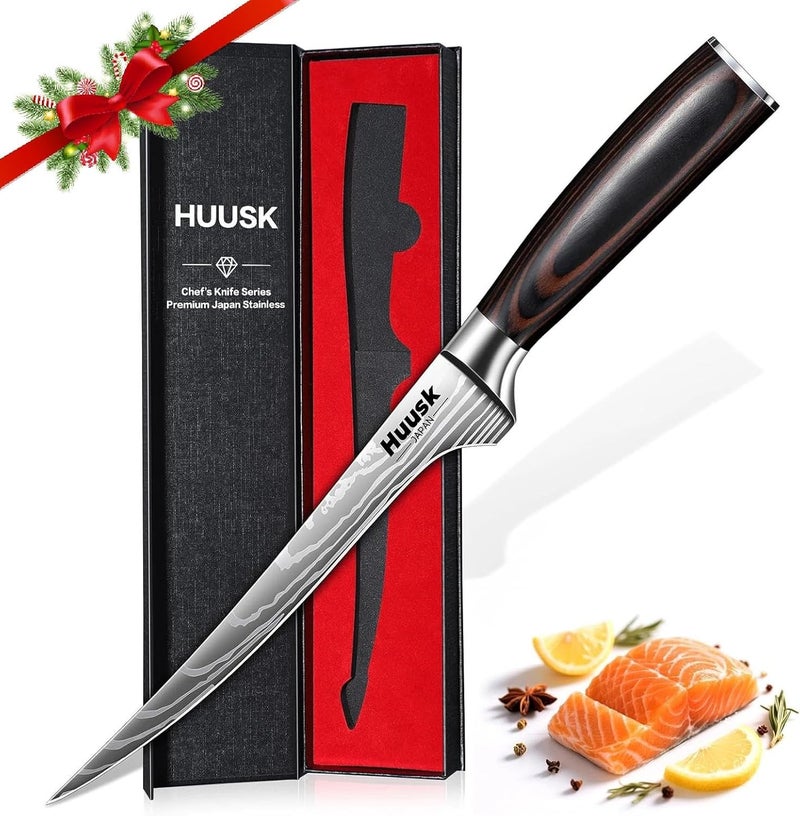 Huusk Filet Knife for Fish - 7 Inch Fish Fillet Knife with Wood Handle, Flexible Boning Knives for Meat Cutting, Professional Japanese Fishing Knives for Meat Poultry Cutting, Christmas Gifts for Men - Image 1