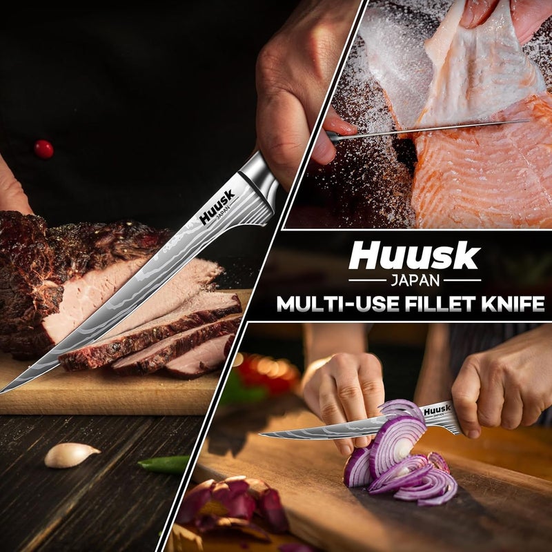 Huusk Filet Knife for Fish - 7 Inch Fish Fillet Knife with Wood Handle, Flexible Boning Knives for Meat Cutting, Professional Japanese Fishing Knives for Meat Poultry Cutting, Christmas Gifts for Men - Image 5