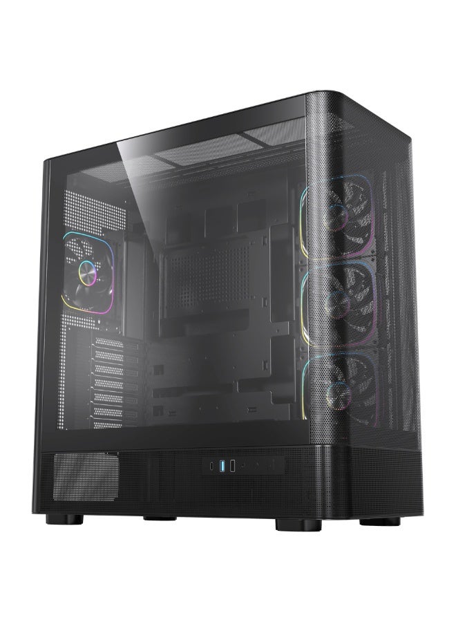 أسيجيك‎ علبة كمبيوتر ألعاب LunarisFlow ATX متوسطة الحجم، واجهة أمامية شبكية عالية التدفق للهواء، لوحة زجاجية مقسّى، منفذ USB من النوع C، تدعم مشعاع تبريد سائل 420 مم، وبطاقة رسومات 400 مم، 10 فتحات للمراوح، أسود | AG-LUNARISFLOW-BK - Image 1