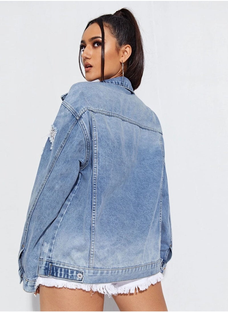 Fashionable and worn-out denim mid length jacket for women Blue - pzsku/Z98BBBB806A7738E785C6Z/45/_/1689852308/2ec454e0-3018-4981-97a9-4e7bb0a32251