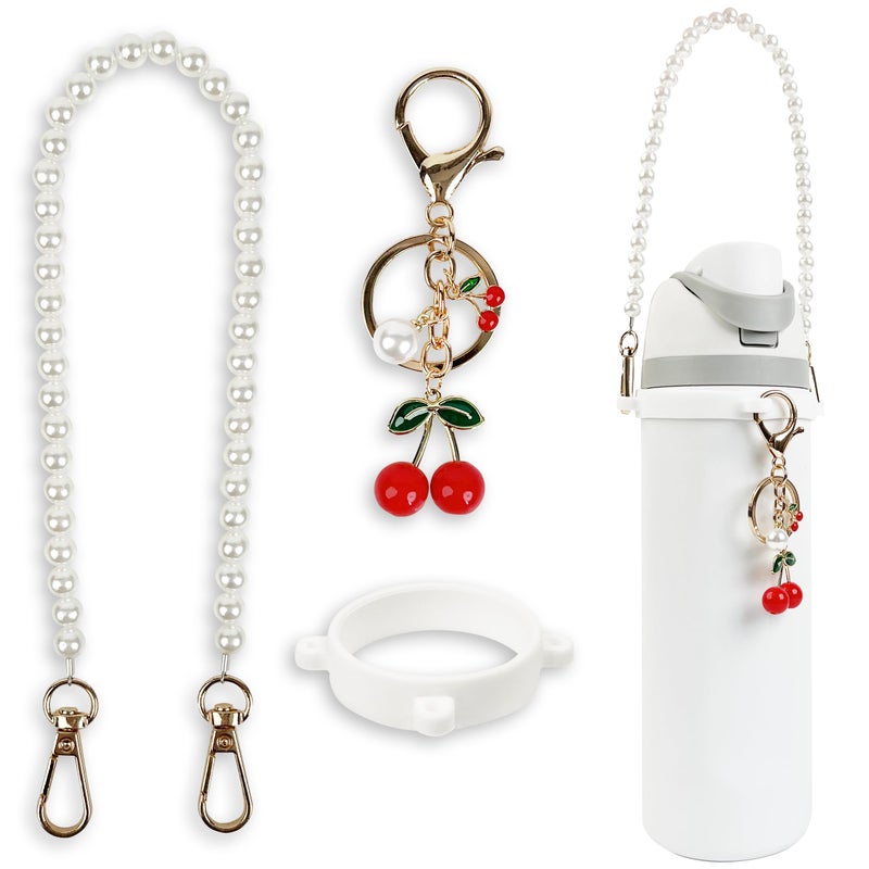 SITKOL Handle Strap and Cherry Charm Set for Owala Water Bottle 24 oz, 32 oz, 40 oz, Owala Kids, Owala Coffee Tumbler, Owala FreeSip, for Owala Accessories & Stanley Cup Accessories (Beaded White) - Image 1