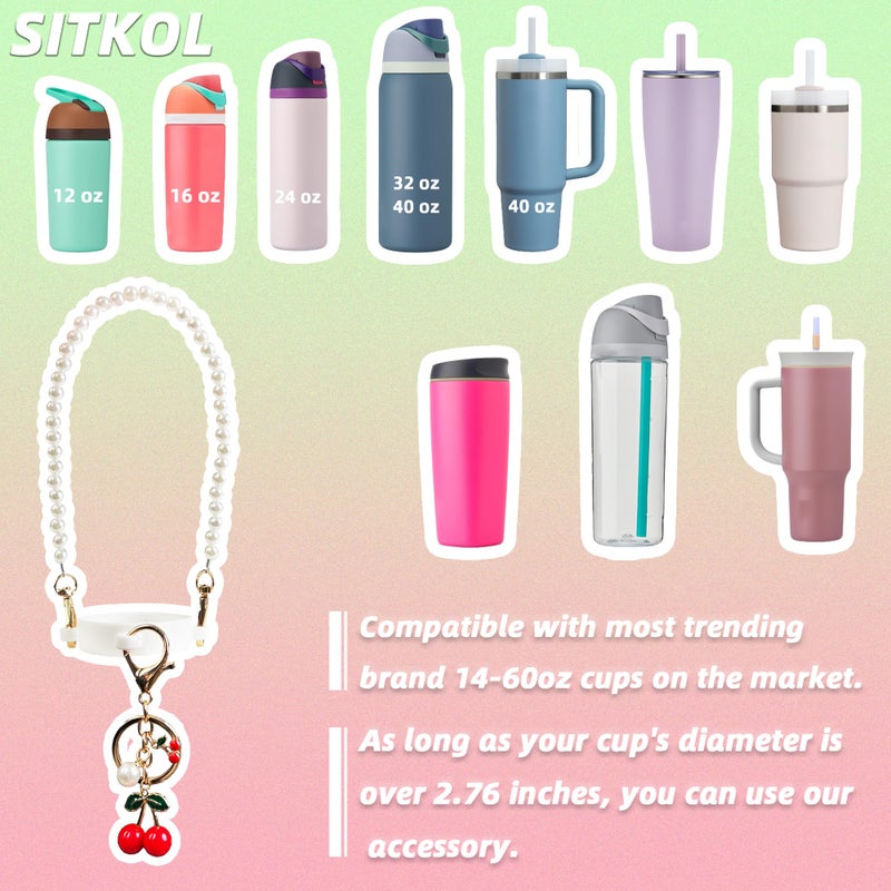 SITKOL Handle Strap and Cherry Charm Set for Owala Water Bottle 24 oz, 32 oz, 40 oz, Owala Kids, Owala Coffee Tumbler, Owala FreeSip, for Owala Accessories & Stanley Cup Accessories (Beaded White) - Image 2