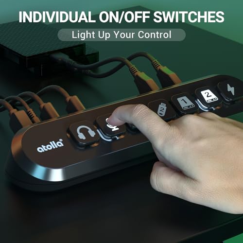 atolla Powered USB Hub, atolla 7-Port USB 3.0 hub (6 Superspeed Transfer Ports+ 1 Fast Charging Port) with Swappable Illuminated Icon Switch and 12V/3A Power Adapter for Windows, MacOS, ChromeOS, Linux - Image 3