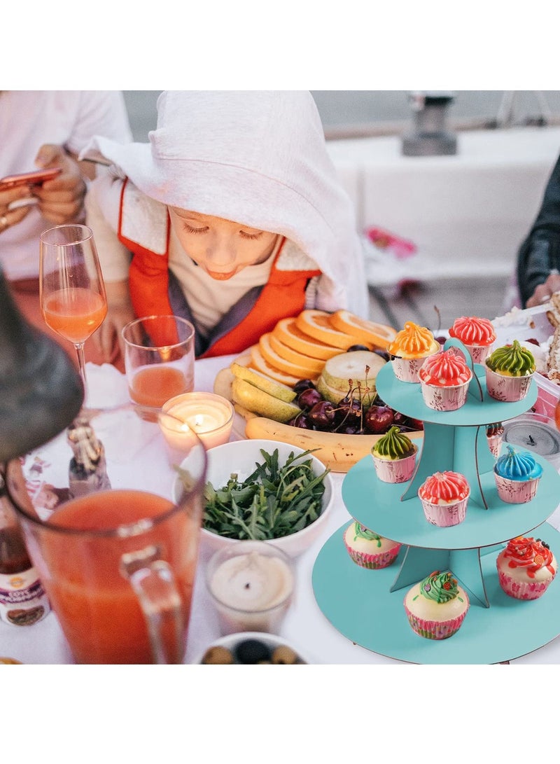 Y&D Cupcake Stand, 2 Pack 3-Tier Round Cardboard Dessert Plates Cake Fruit Base Holder Candy Display Tower Tray Pastry Serving Platter for Birthday, Wedding, Afternoon Tea(Blue) - Image 2