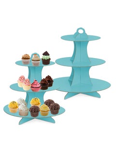 Y&D Cupcake Stand, 2 Pack 3-Tier Round Cardboard Dessert Plates Cake Fruit Base Holder Candy Display Tower Tray Pastry Serving Platter for Birthday, Wedding, Afternoon Tea(Blue)  - Image 1
