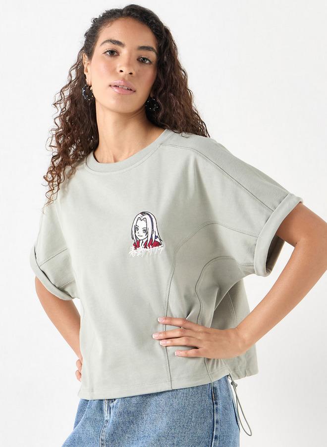 SP Characters Sakura Haruno Embroidered T-shirt with Crew Neck and Extended Sleeves - Image 1