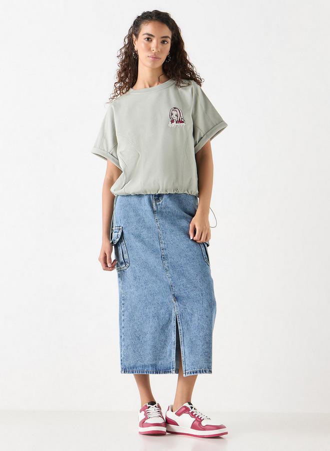 SP Characters Sakura Haruno Embroidered T-shirt with Crew Neck and Extended Sleeves - Image 2