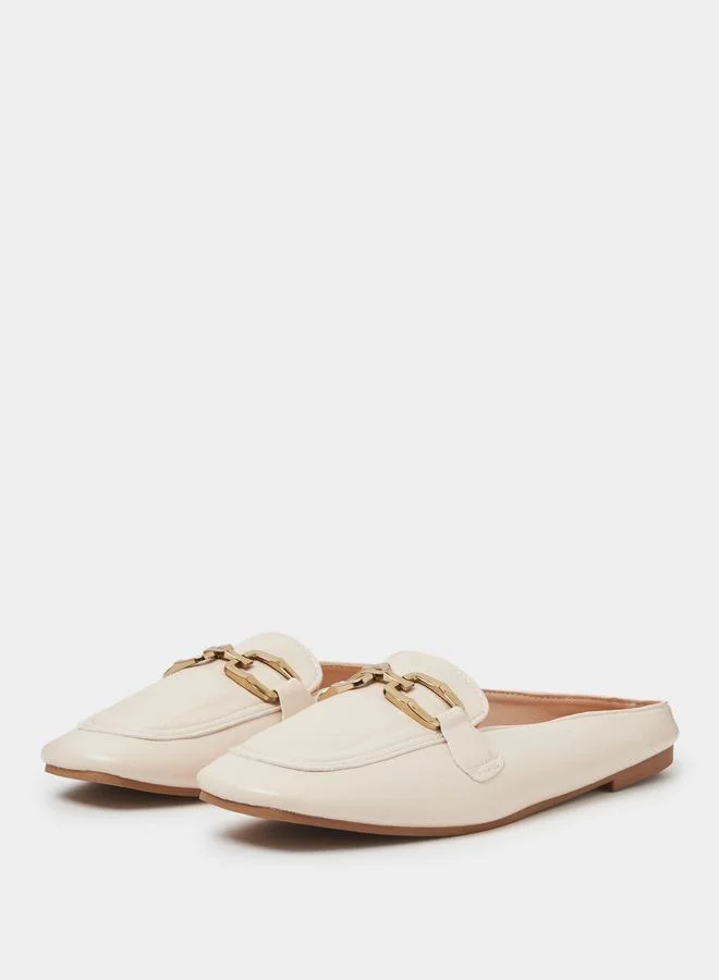 Beige Flat Mules with Gold Buckle Detail