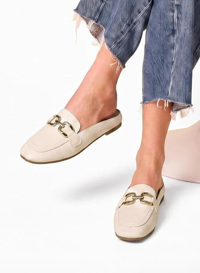 Take Two  Beige Flat Mules with Gold Buckle Detail for Women | Best Price UAE