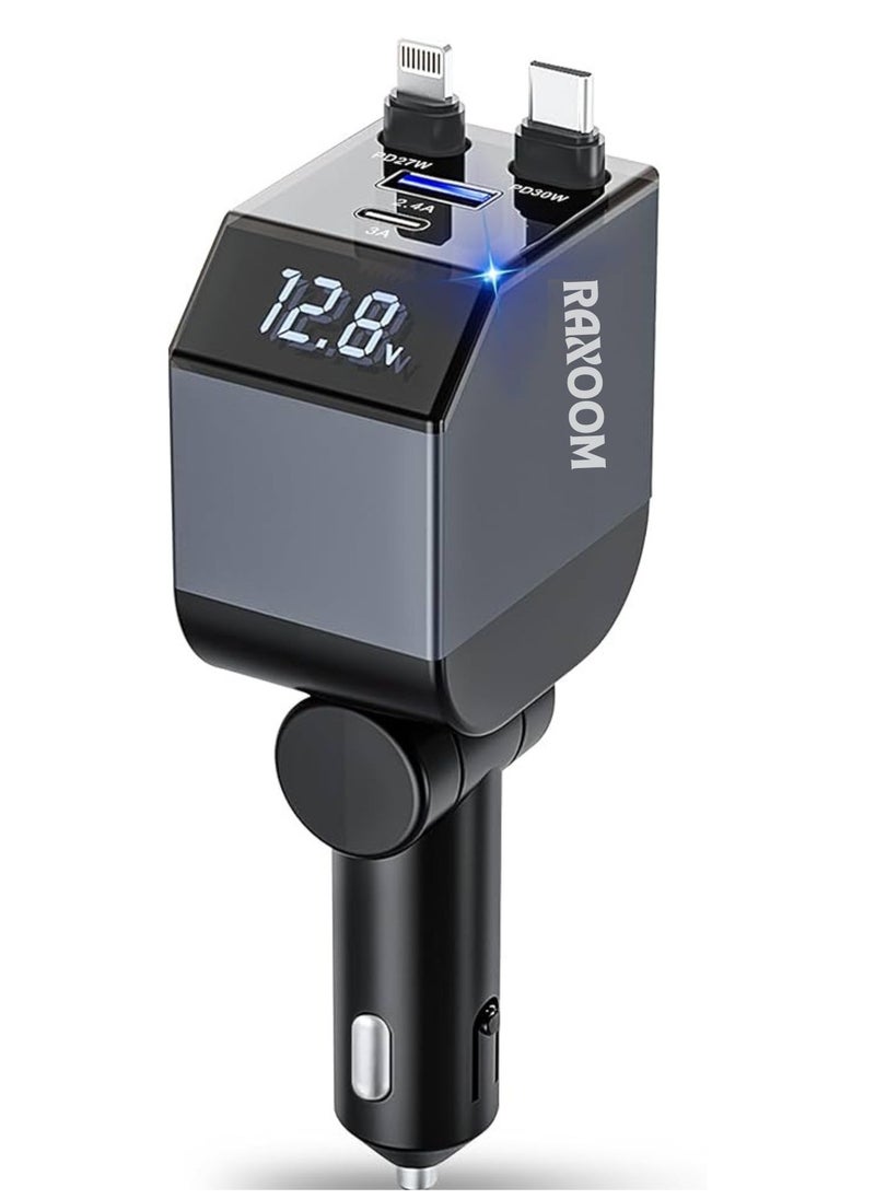 Raxoom - Car Charger 84W- Fast Charging 4-in-1 Adapter with Collapsible Lightning & Type C Cables, Dual USB Ports & Voltage Display - 84W Compatible with iPhone, iPad, Galaxy -Powerfull Output - Image 1